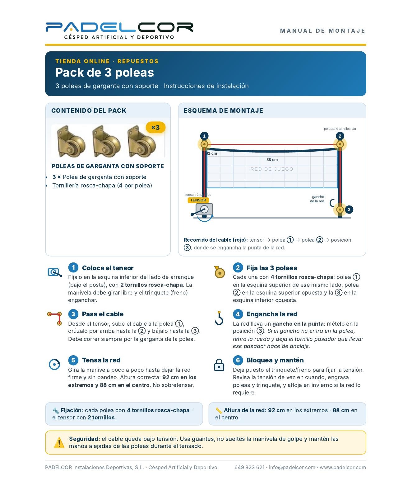 Manual de montaje de PADELCOR para el pack de 3 poleas: contenido, esquema del recorrido del cable y altura de la red
