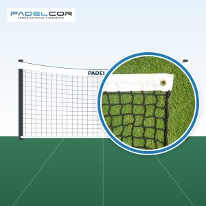 Esquema de red de tenis de 3,5 mm, con un círculo que amplía el detalle de la malla sin nudos