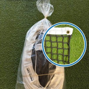 Red de tenis profesional de 5 mm, con un círculo que amplía el detalle de la malla sin nudos