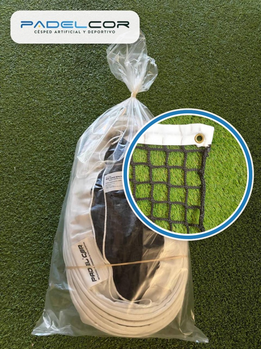 Red de tenis profesional de 5 mm, con un círculo que amplía el detalle de la malla sin nudos